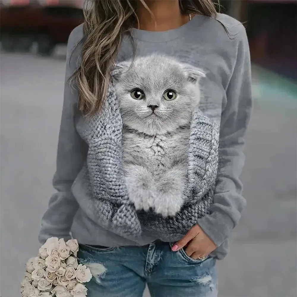 Kadınlar pamuk sweatshirt kazak uzun kollu dişi kedi grafik 3d baskı tişört sokak moda büyük boy kıyafetler 240102