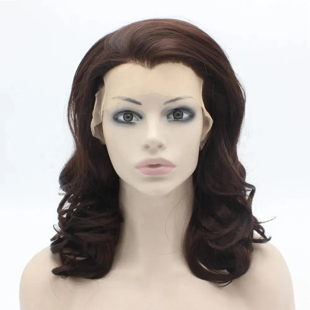 Peruk 16 " #33 Dark Auburn Wavy Heavy Density Heat Friendly Synthetic Hair Front Spets Wig Wig Wig