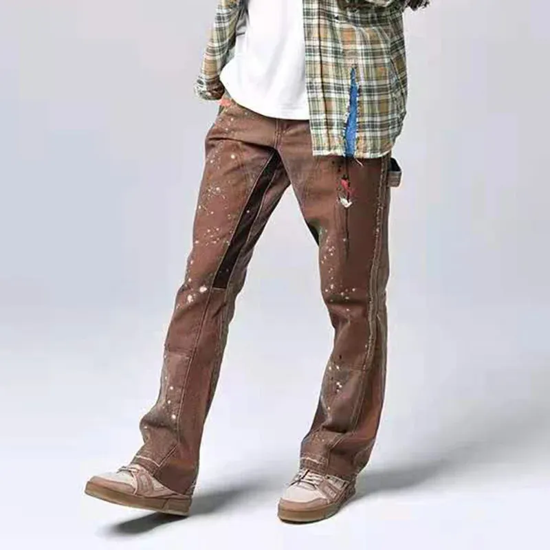 Graffiti mürekkep boyalı geniş bacak parlama pantolonlar erkek sokak kıyafetleri düz gündelik kot harajuku yıkanmış retro gevşek denim pantolon 240103