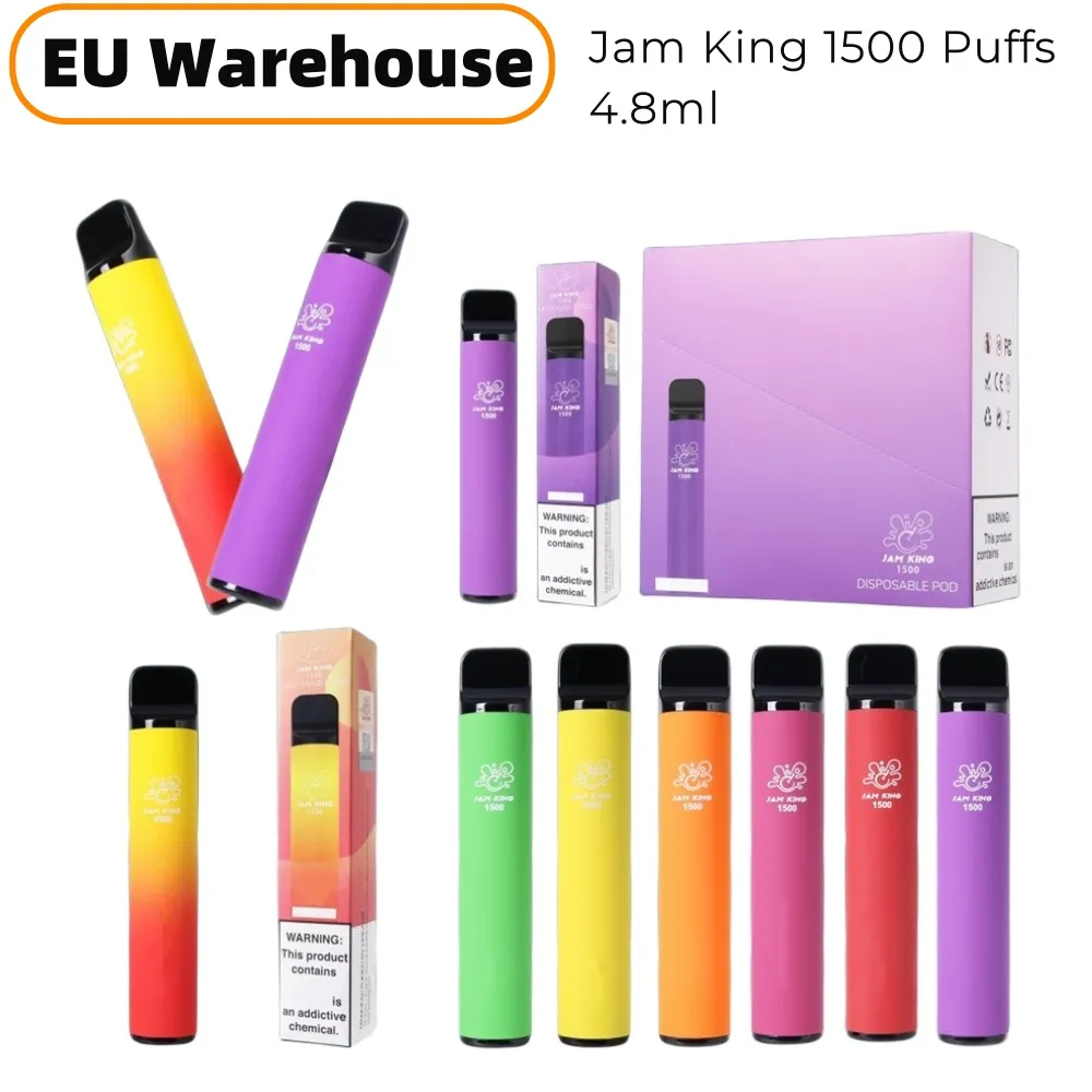 잼 킹 E 담배 EU 스톡 1500 퍼프 e- 액체 4.8ml vape 펜 포드 12 맛 850mAh 배터리 vaper 카트 기화기 메쉬 코일 20mg nic vs elfbar lost mary