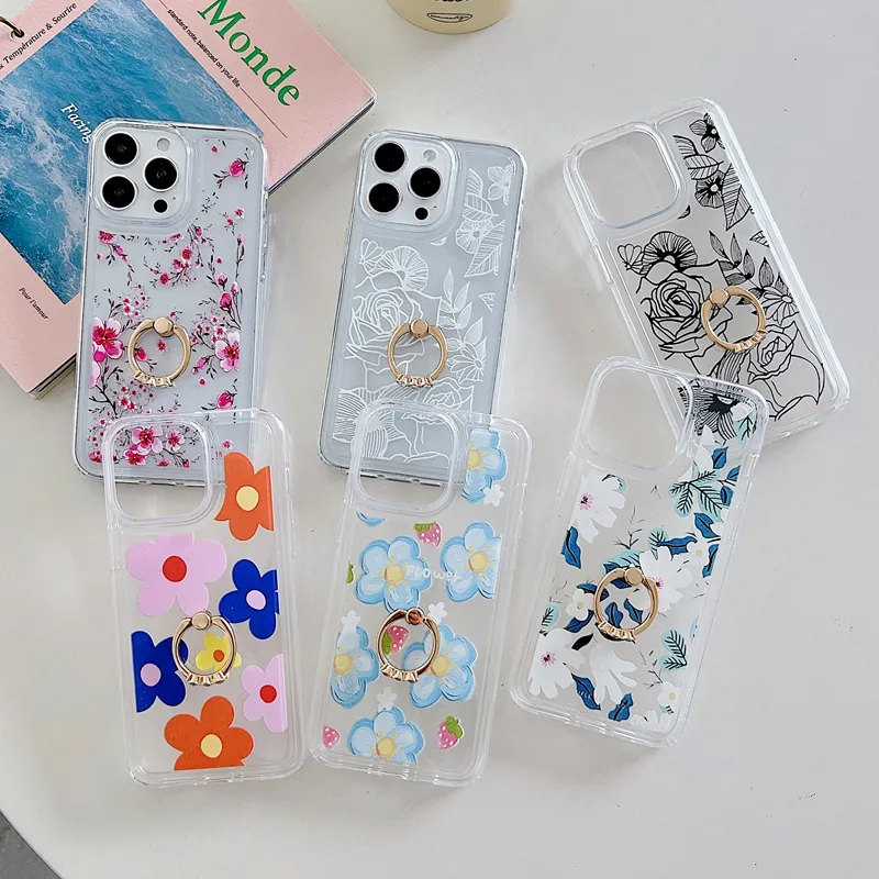 Étuis à fleurs avec anneau en métal pour iPhone 15 14 13 12 11 Samsung S24 A15 A25 A35 A55 A14 S23 Ultra S22 Plus A24 A34 A54 A13 A33 A53 A73 Couverture antichoc florale transparente en TPU souple