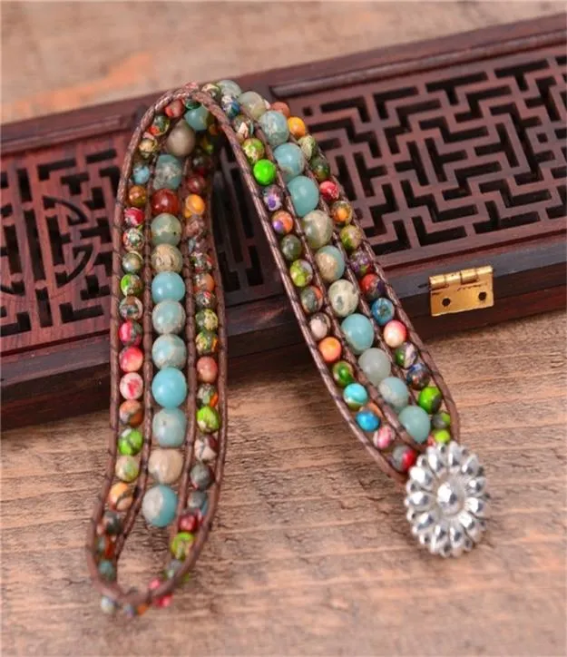 Drop Women Boho Three Layer Round Shape Emperor Stone Single Leather Wrap Friendship Beaded Bracelet Y2009187930810