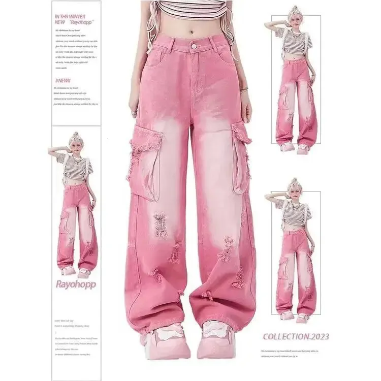 Dopamine draagt Amerikaanse zoete en pittige stijl gescheurde roze jeans voor dames modieuze losse afslankende rechte broek met hoge taille 240102