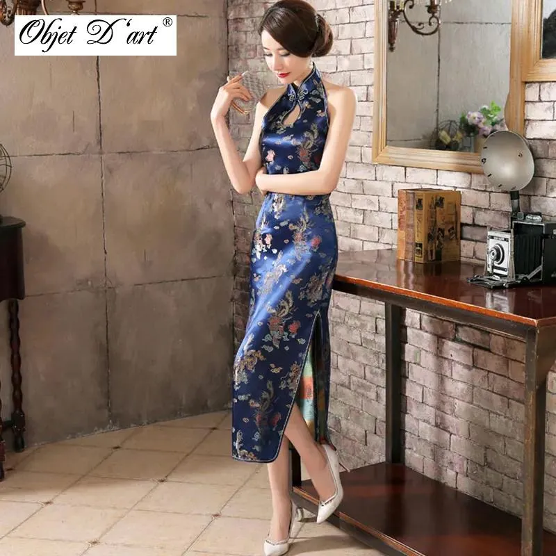 Одежда, сексуальный Cheongsam без рукавов, с открытой спиной, винтажная вышивка, женское шелковое атласное китайское традиционное платье, элегантное длинное классическое Ципао