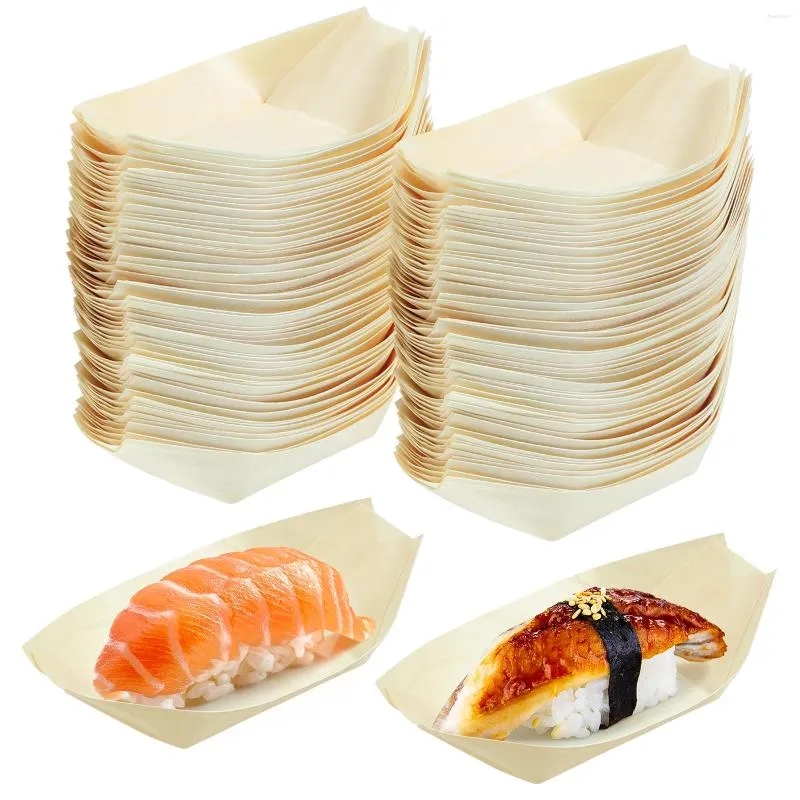 Conjuntos de louça 100 PCS Decorações de bolo Sushi Barco Lanche Recipientes Folha Forma Descartável Madeira