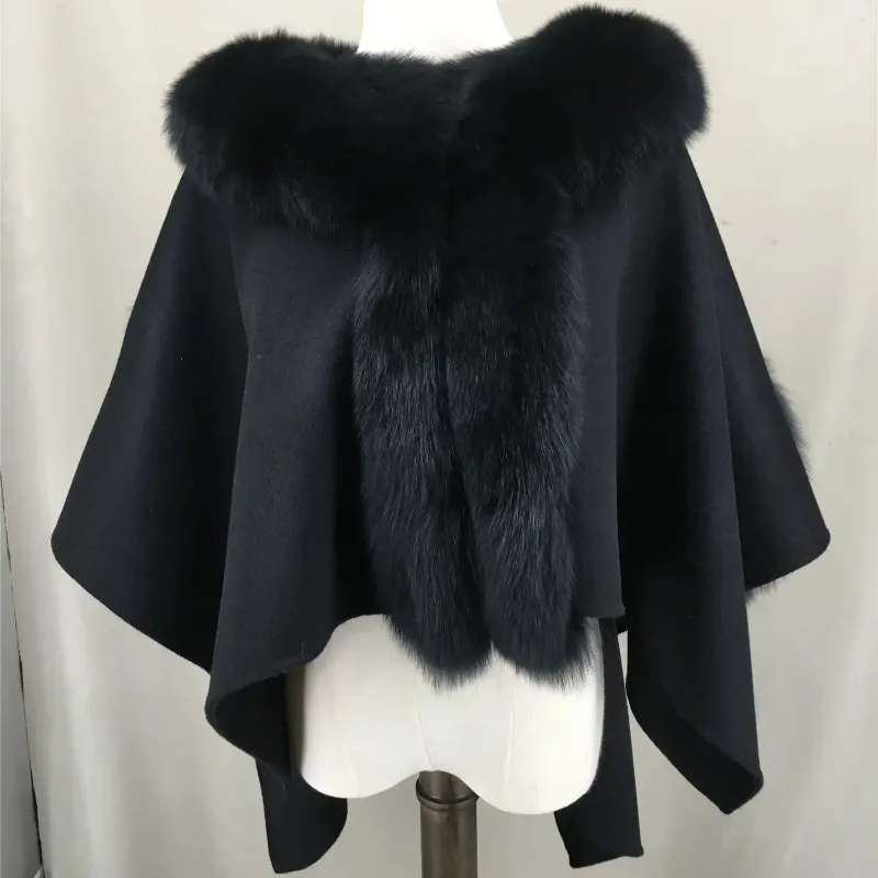 Bufandas Real Genuine Natural Wool Shawl Cape con capucha Recorte de piel 220616 Furry Fluffy 2024