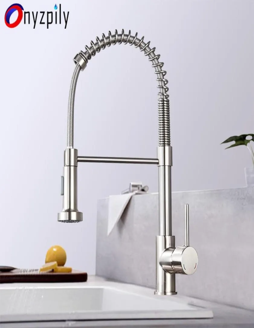 Spring Brushed Kitchen Sink Faucet Pull Down Sprayer Nozzle Single Handle Faucet Mixer Cold Stainless Steel Modern T2004234319695