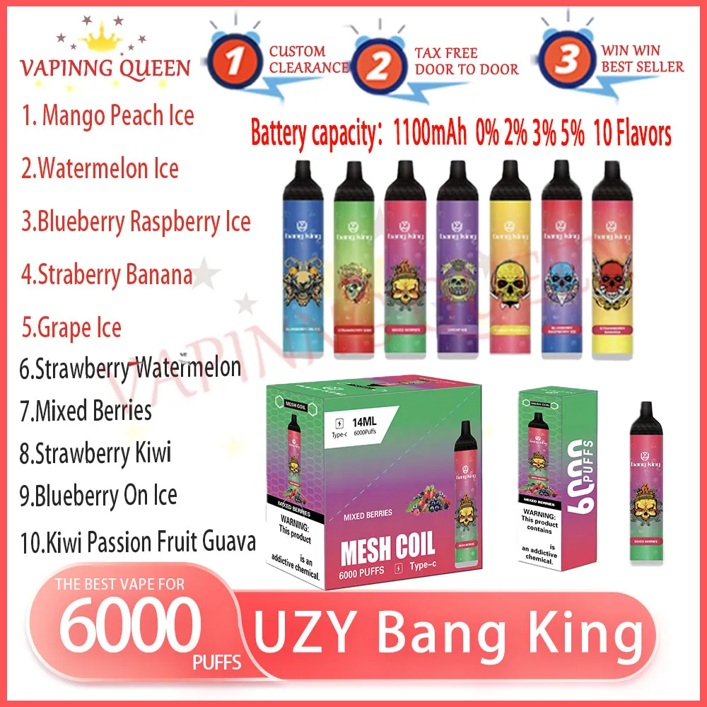 Autentica sigaretta elettronica usa e getta UZY Bang King 6000 Puff 0,8ohm Bobina a rete 14ml Pod 1100mAh Batteria ricaricabile elettronica Cigs Puff 6K 0% 2% 3% 5% Vape Pen