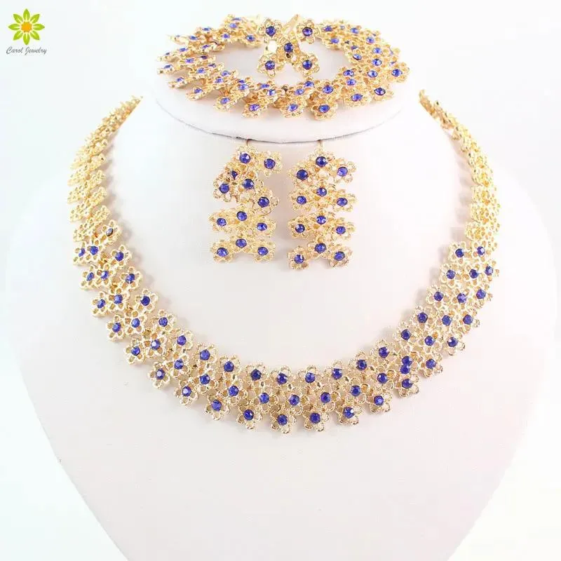 Chokers Bridale verlovingsring Blue Crystal Necklace Pendant oorbellen Bracelet Gold Color Sieraden Sets voor vrouw Bijouterie Accessoires