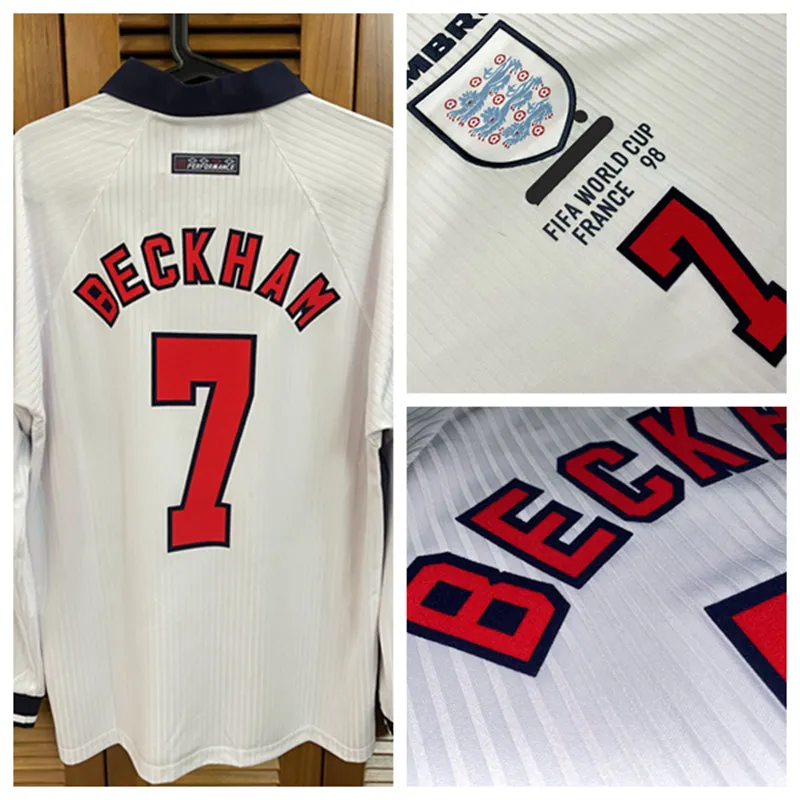 빈티지 클래식 레트로 en WC 98 셔츠 저지 긴 소매 Beckham Owen Football Custom Number Patches 후원자