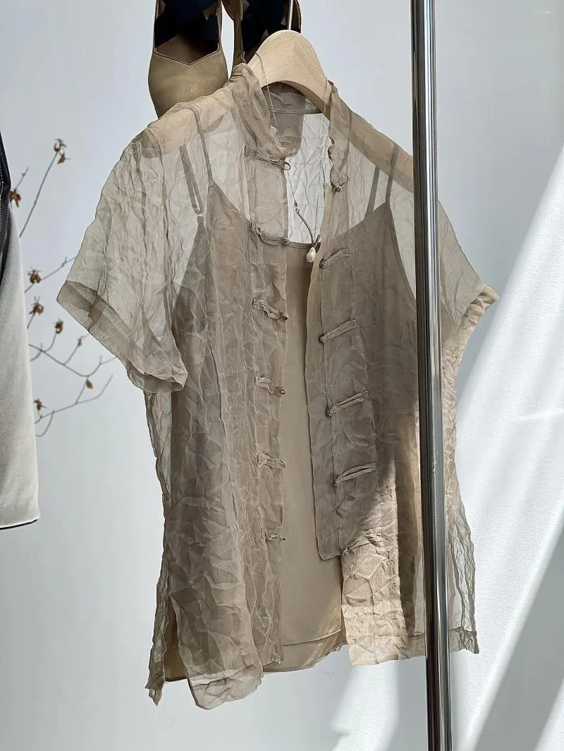 T-shirt da donna fragrante increspato seta stile cinese fibbia piatto manica corta camicetta casual e poesia post interno Sling2024