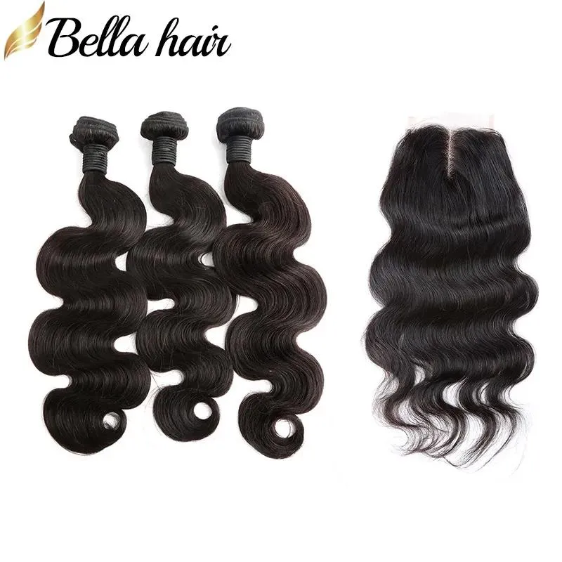 Trames Bellahair Bundles de cheveux avec fermeture en dentelle Extensions de trame de cheveux de vague de corps et fermeture supérieure 4x4 partie libre 3pcs cheveux vierges brésiliens W