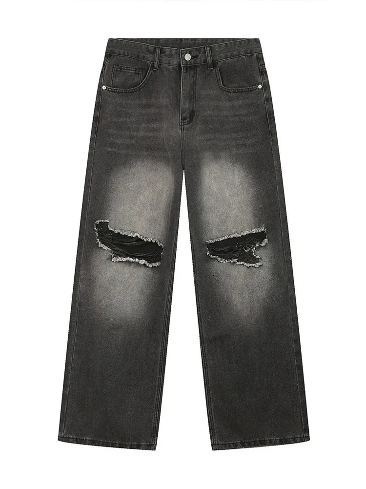 Clothing Black Jeans Knee Rip Mens Knee Cut Black Pant Damage Y2K