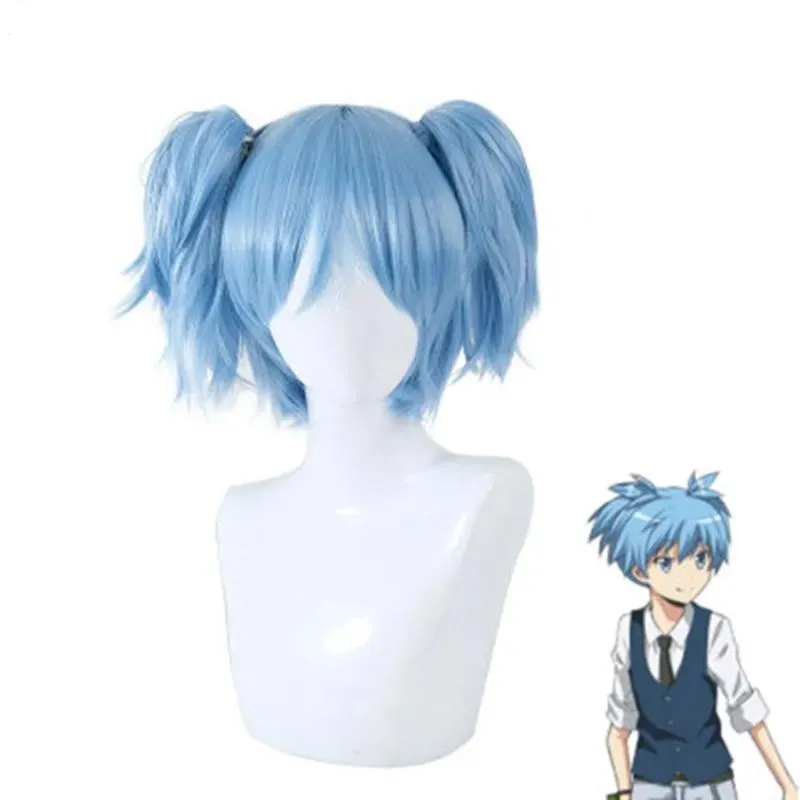 Peruki Vicwig Assassination Classroom Shiota Nagisa Cosplay Wig Blue Short Ponytail Włosy syntetyczne anime z grzywką