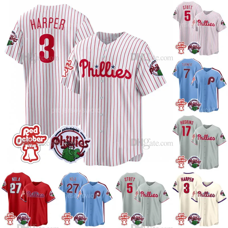 Philliess Harper Red October Patch Jersey Trea Turner Aaron Nola Zack Wheeler J.T. Realmuto Alec Bohm Bryson Stott Nick Castellanos Rhys Hoskins Johan Rojas Jerseys