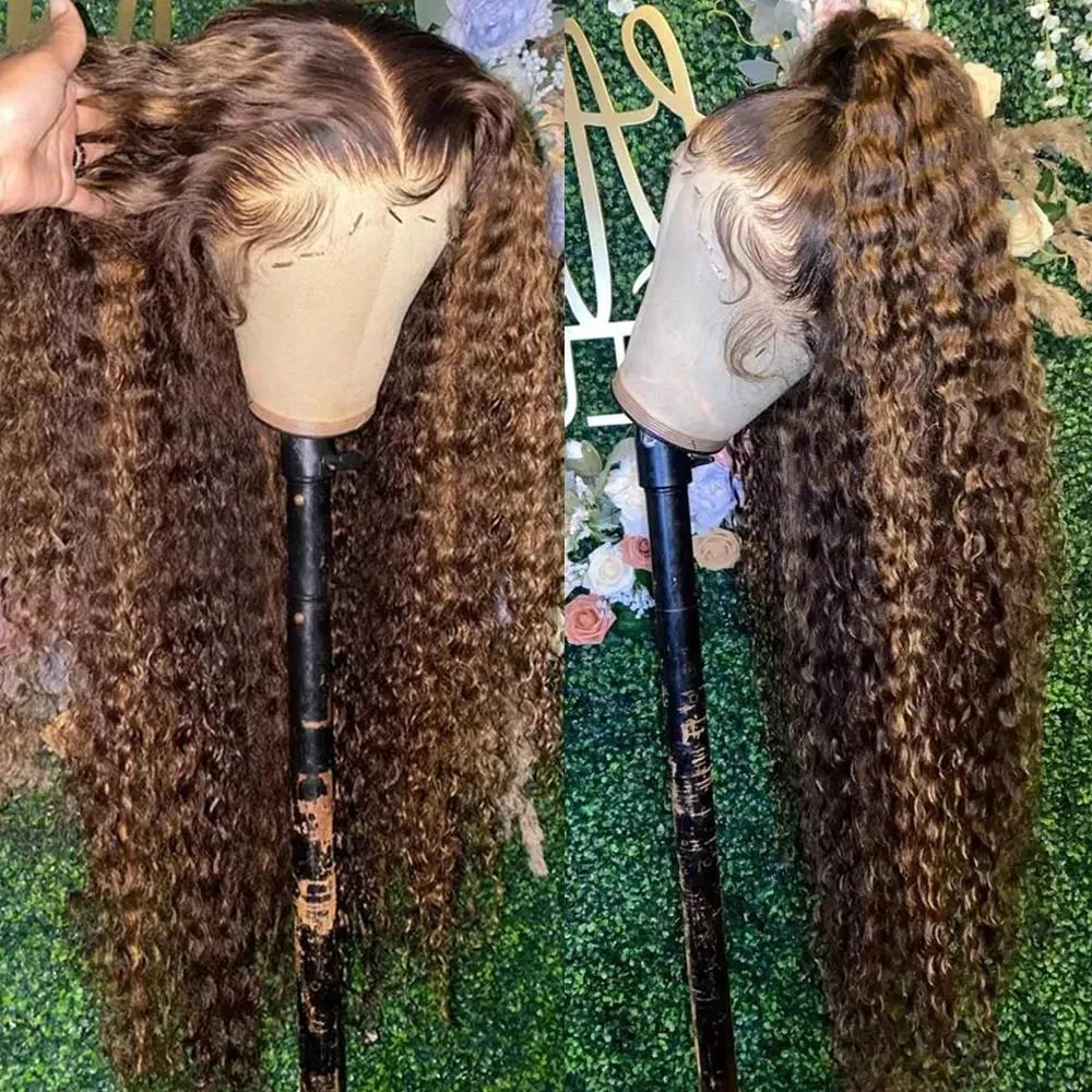 Pelucas Pelucas delanteras de encaje rizado marrón miel resaltado de cabello brasileño de 30 pulgadas peluca frontal de encaje de onda profunda de color Ombre para mujeres Cosplay Synt