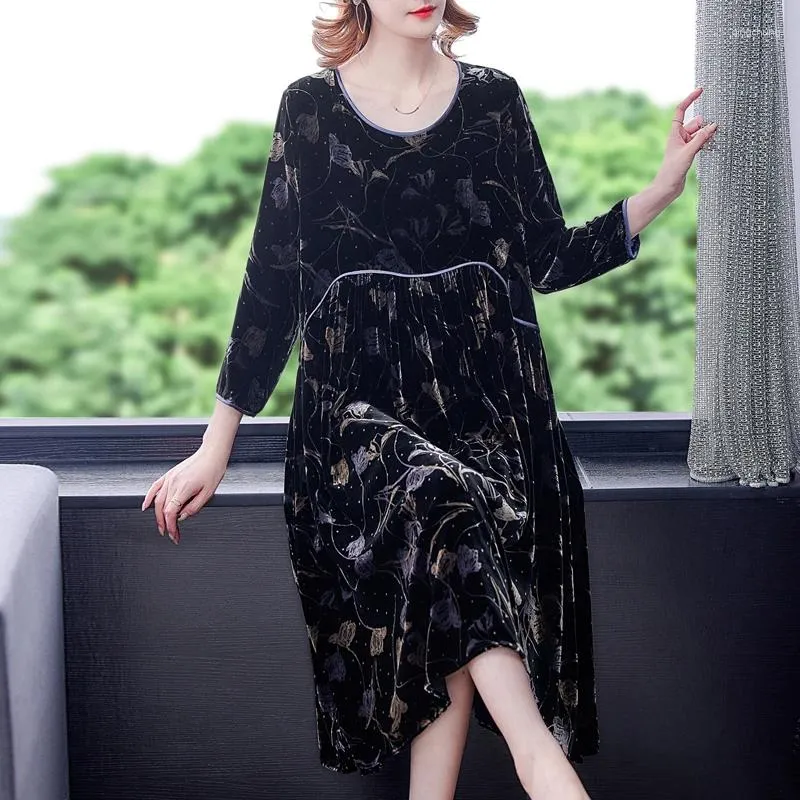 Casual Dresses Spring Autumn Black Velvet Midi Dress Women Vintage Office Loose 2024 Elegant BodyCon Long Sleeve Evening Vestido