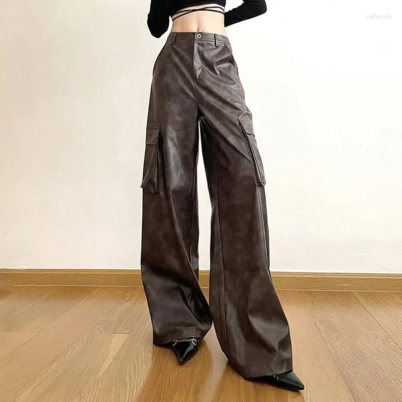 Pantalons Femmes Faux Cuir Y2K Streetwear Cargo Femmes Cyber Gothic Punk Taille Haute Baggy Pantalon 90s Grunge Vintage Femme Bottoms