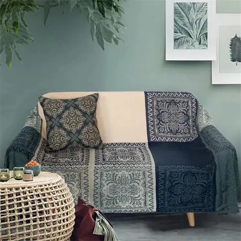 Manta de estilo coreano multifuncional de doble cara, funda para sofá y silla con rejilla azul, tapiz para cama y exteriores con borlas 240119