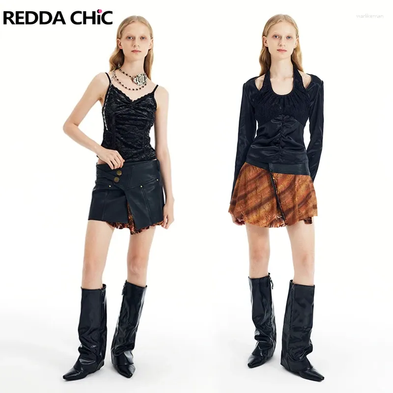 Юбки REDACHiC Двусторонняя черная кожаная мини-юбка Женская асимметричная вышивка с низкой посадкой и коротким низом трапециевидной формы в стиле ретро Y2k Одежда в стиле стимпанк