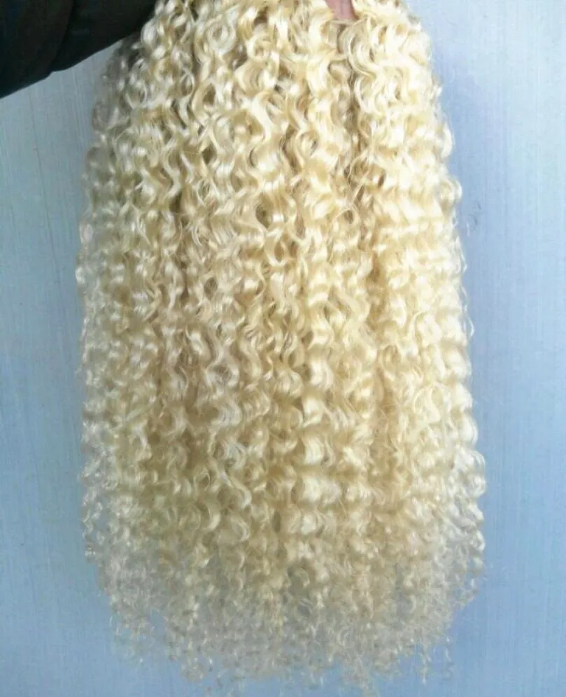 brasiliansk mänsklig jungfru remy lockigt hår weft naturlig curl väver obearbetad blond 613 dubbel ritade förlängningar2721949