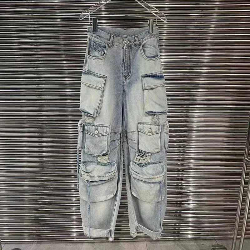 Damen-Jeans mit Druckknöpfen im amerikanischen Stil, gerade Jeans mit mehreren Taschen, Paar zerrissene Löcher, ausgewaschene Hose mit niedriger Taille und weitem Bein 240102