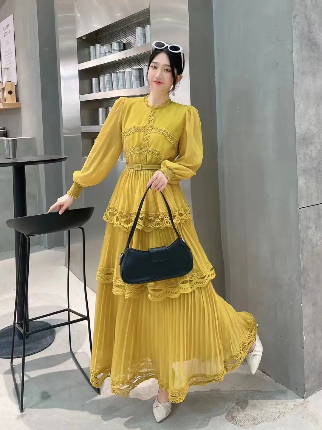 chinese dress ladies R.Vivimos Women Chiffon Print V Neck Long Sleeve Tie Waist Casual Boho Maxi  Dresses (Small,Green) at Amazon Women's Clothing store