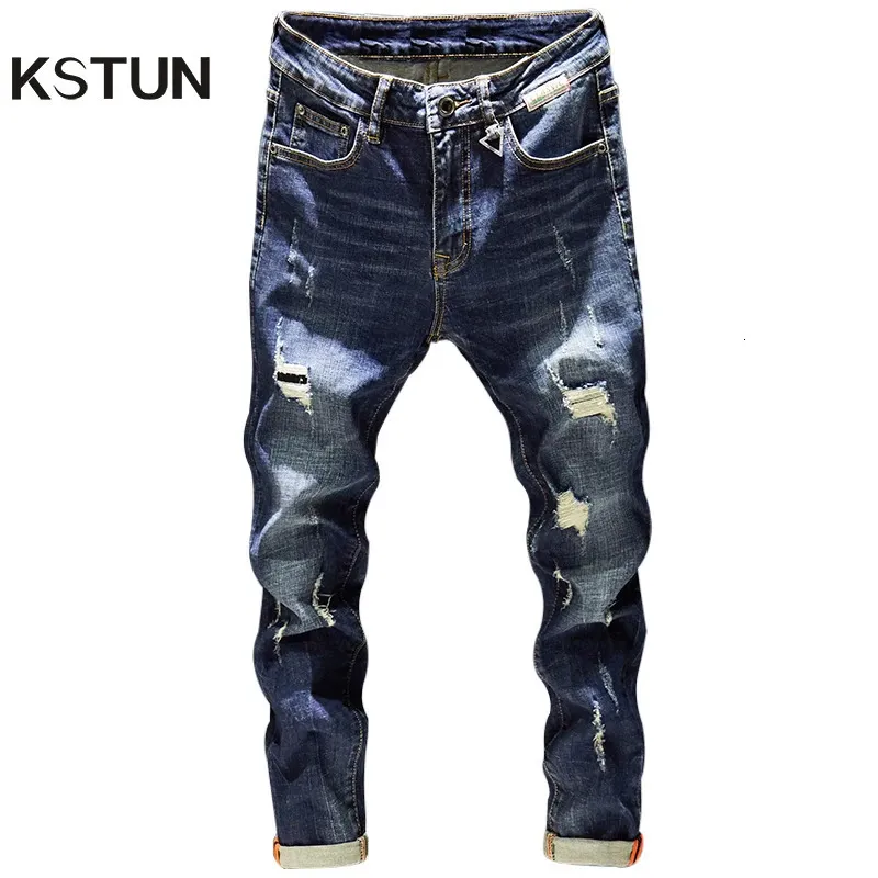 Hommes déchiré jean coupe ajustée bleu foncé printemps automne détruit déchiré élégant Moto Biker Denim pantalon hommes Hip hop Streetwear 240102