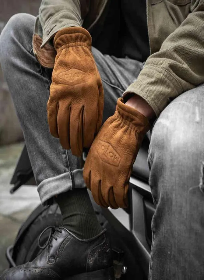 Men039s gants en cuir véritable givré hommes moto équitation doigt complet gants d'hiver avec fourrure Vintage cuir de vachette marron N7775066496