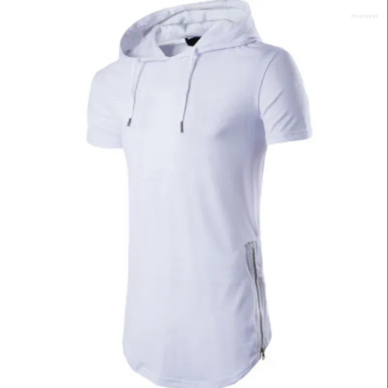 Men's T Shirts 2024 Summer Casual Solid Color Hooded T-shirt Zippered Long Round Neck Versatile Loose Large Short Sleeve Top