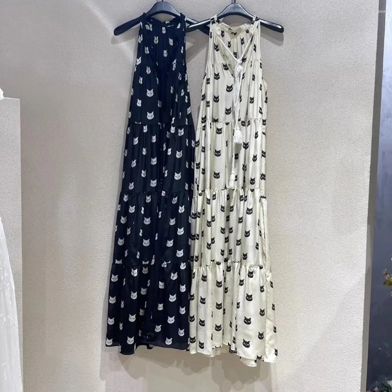 Robes décontractées Haut de gamme Femmes Mode Soie Imprimé Bretelle Longue Robe Élégante Dame Tout Match Grande Swing Maxi Jupe De Vacances