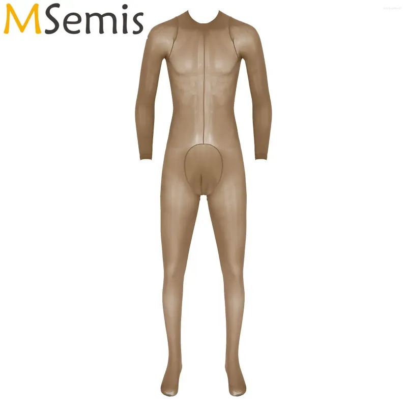 Kvinnors badkläder Mens Glossy Stretchy Bulge Pouch Leotard Unitard Costume Underkläder Långärmad bodypocking Sexig Se genom bodysuit