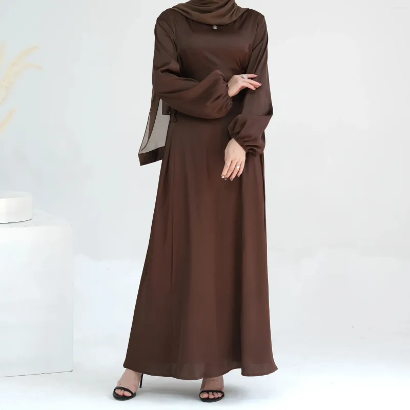 Roupas étnicas Elegante Cetim Abaya Muçulmano Vestido Longo Mulheres Lace Up Cintura Vestidos Islâmicos Vestidos de Festa Dubai Turquia Hijab Robe Ramadan Eid