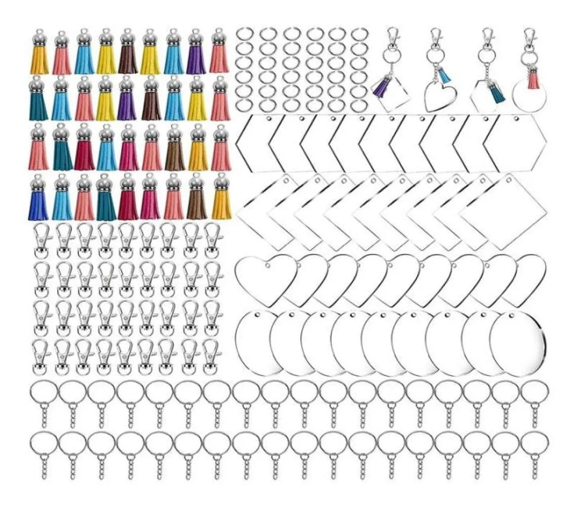 Porte-clés 200pcs Acrylique Porte-clés Blancs avec Glands Kit Crochets en vrac Mini Anneaux de saut pour les projets de bricolage Crafts6244013