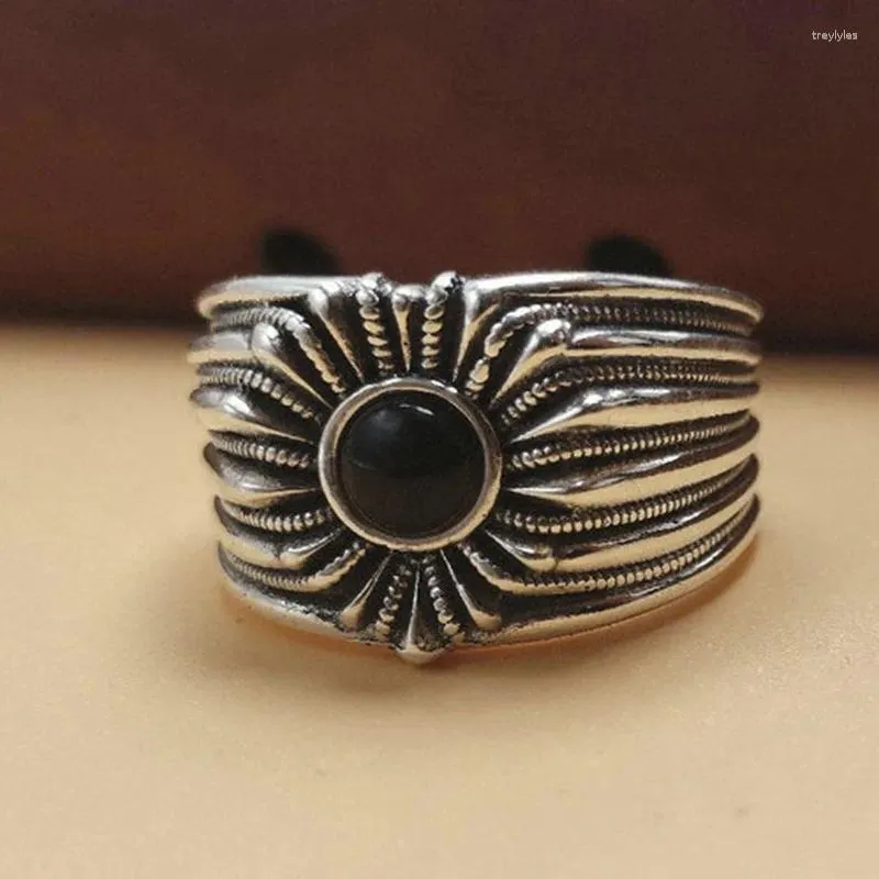 Bagues de cluster Vintage Thai Argent 925 Bague pour hommes Crysta Noir Rond Personnalité Polyvalente Fleur Doigt Bijoux KOFSAC