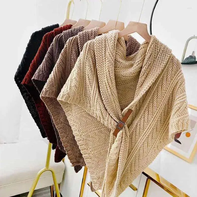 Scarves 1Pc Autumn And Winter Warm Knitting Shawl With Leather Buckle Solid Color Thickened Wraps Women's Poncho Capes