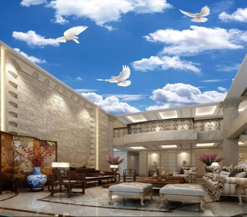 Błękitne białe chmura Flying Dove Tło Malowidło sufitowe 3D Tapeta9242723