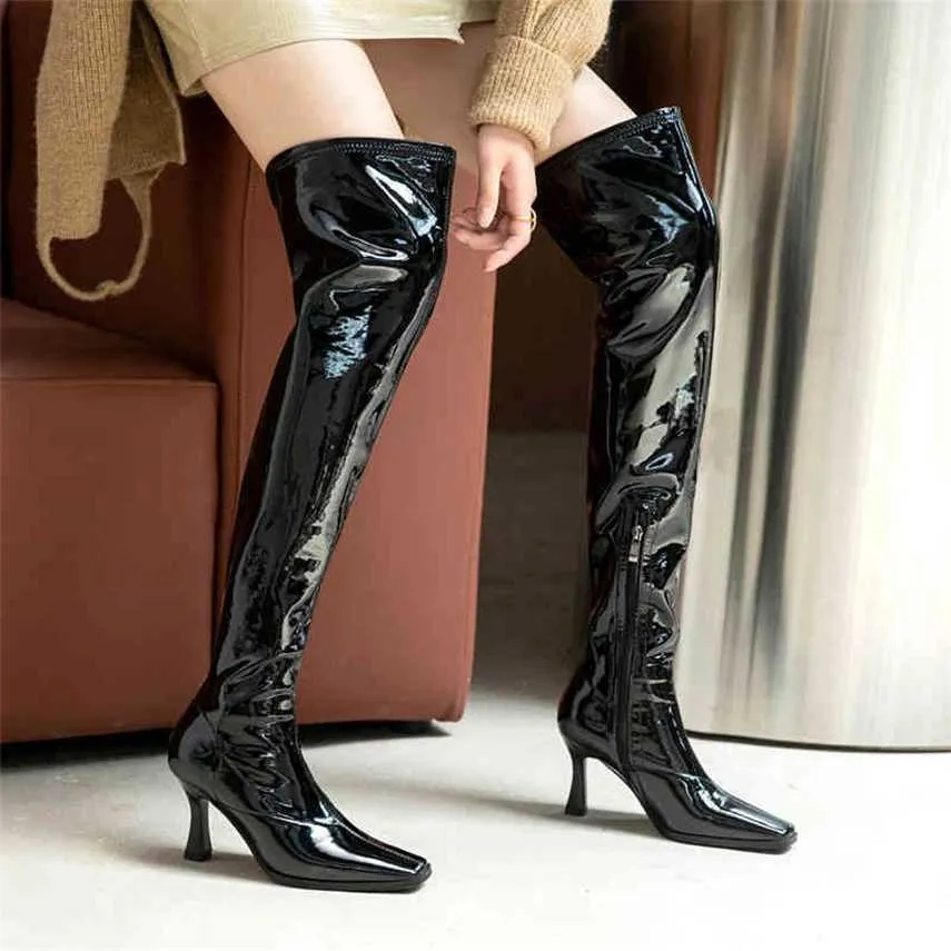 Stövlar Nya Autumn Winter Fashion Women's Shoes Square Head High Heels Zipper Over The Knee Boots Ladies 220906