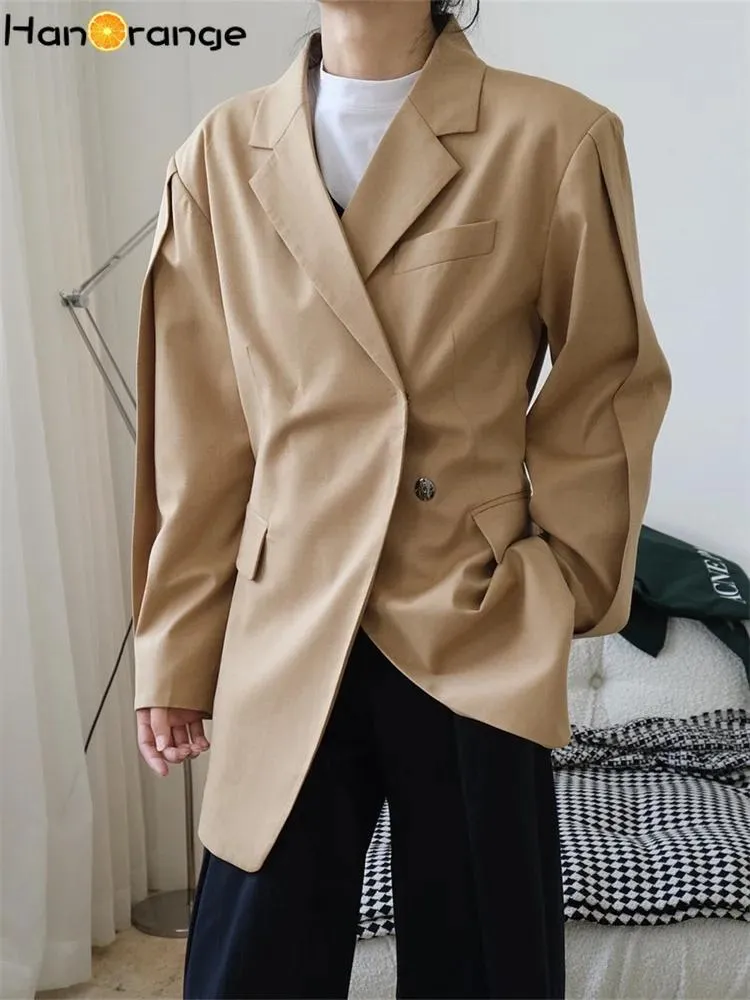 Jackets Hanorange 2022 Autumn Fashion Oblique Placket Lapel Suit Jacket Wool Women Wide Loose Blazer Coat Female Black/light Brown