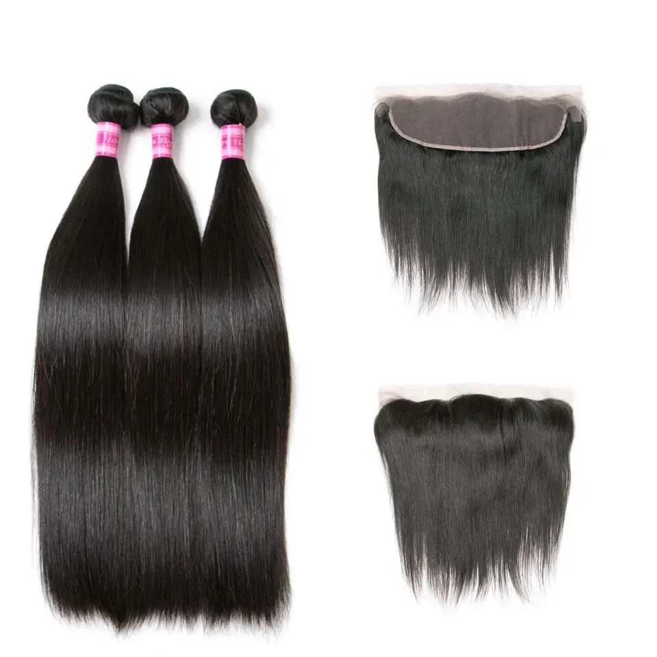 WEFTS MALAYSIAN STRAIGHT HAIR 13x4レースの正面束3レミー人間の髪は閉鎖フリーパーツナチュラル/ジェットブラック