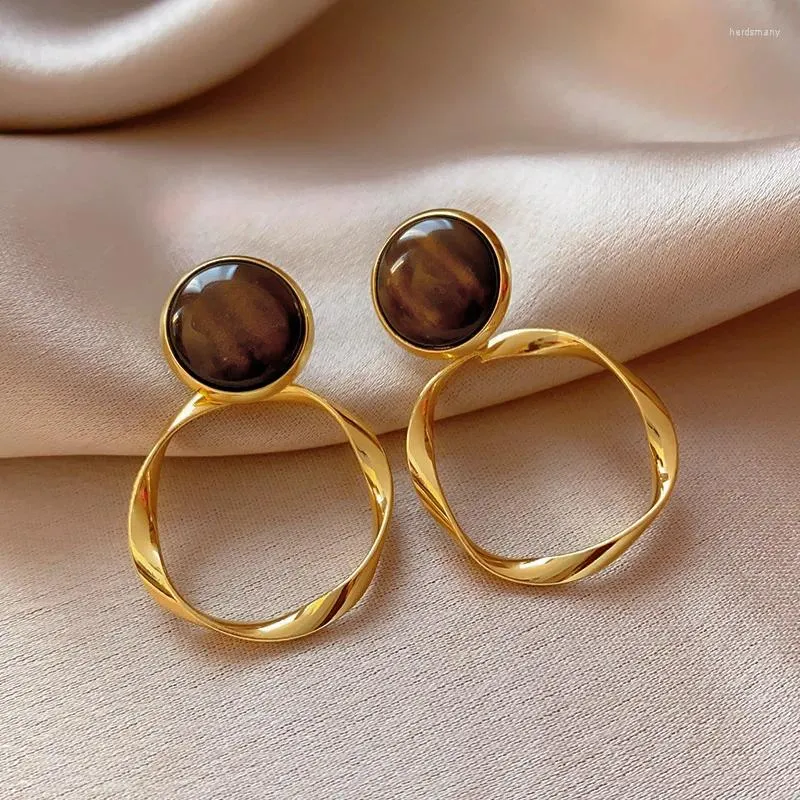 Stud Earrings Korean Retro French Tiger's Eye Stone Round For Women Fashion Cute Sweet Metal Jewelry Party Gifts