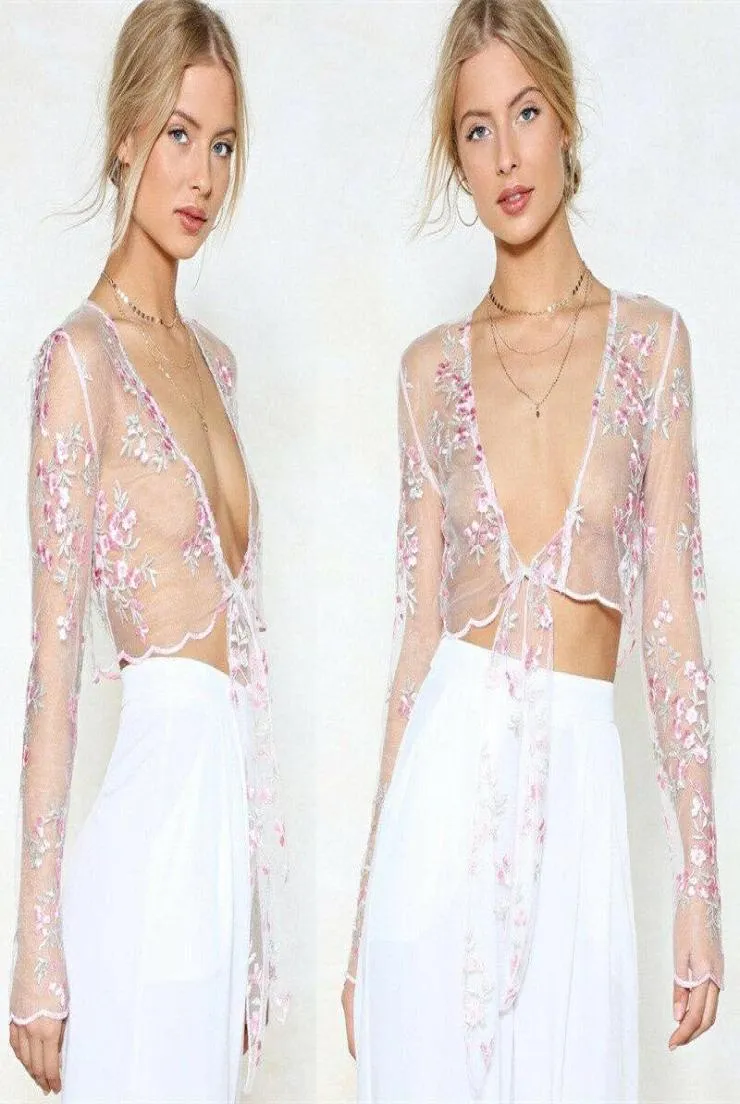 Kvinnor Floral Mesh Sheer broderad seethrough Crop Tops T Shirt Blus Bikini Cover Up Nightgown Sarongs4582859