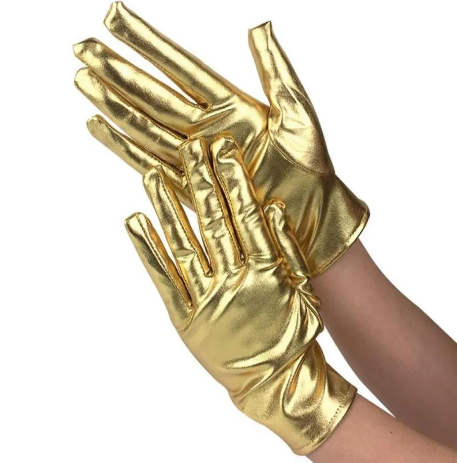 Moda altın gümüş ıslak görünüm sahte deri metalik eldiven kadınlar seksi lateks akşam parti performans eldivenler beş parmak 6258044