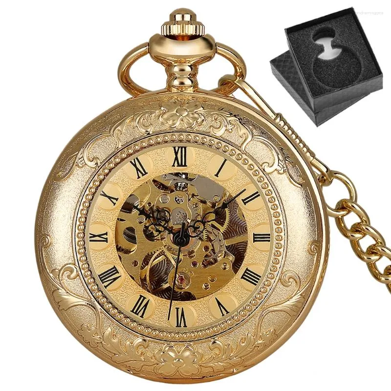 Montres de poche rétro pour hommes, cadeau rétro, verre Transparent, chiffres romains, cadran doré, montre mécanique manuelle avec boîte à chaîne