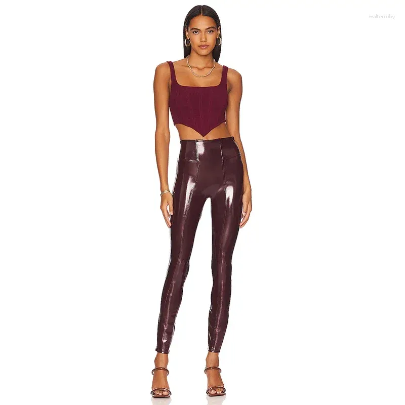 Kvinnors byxor faux latex hög midja byxor kvinnor glänsande paten läder leggings damer smalande skarv beskuren wettlook klubbkläder anpassad