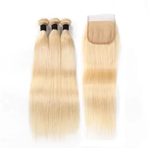 Biełki Kup 3 pakiety Zdobądź 1 zamknięcie 613 Blondynka proste ludzkie Virgin Hair Bundles z 4*4 Lace Closure Grade 10A