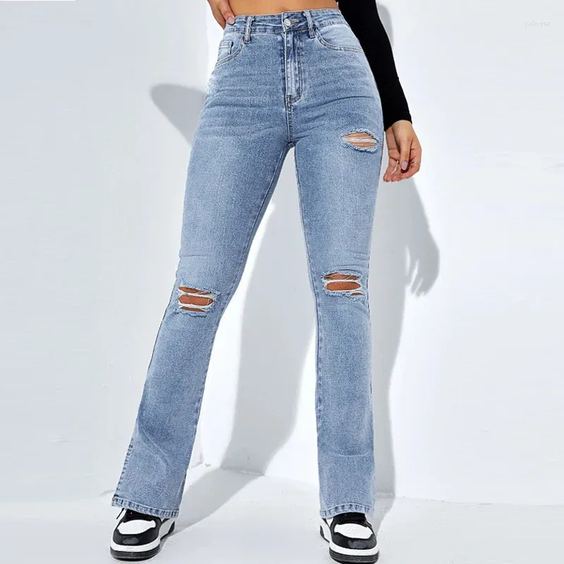 Jeans da donna con fessura per fidanzato con foro al ginocchio Pantaloni in denim elasticizzati a vita alta da donna azzurri