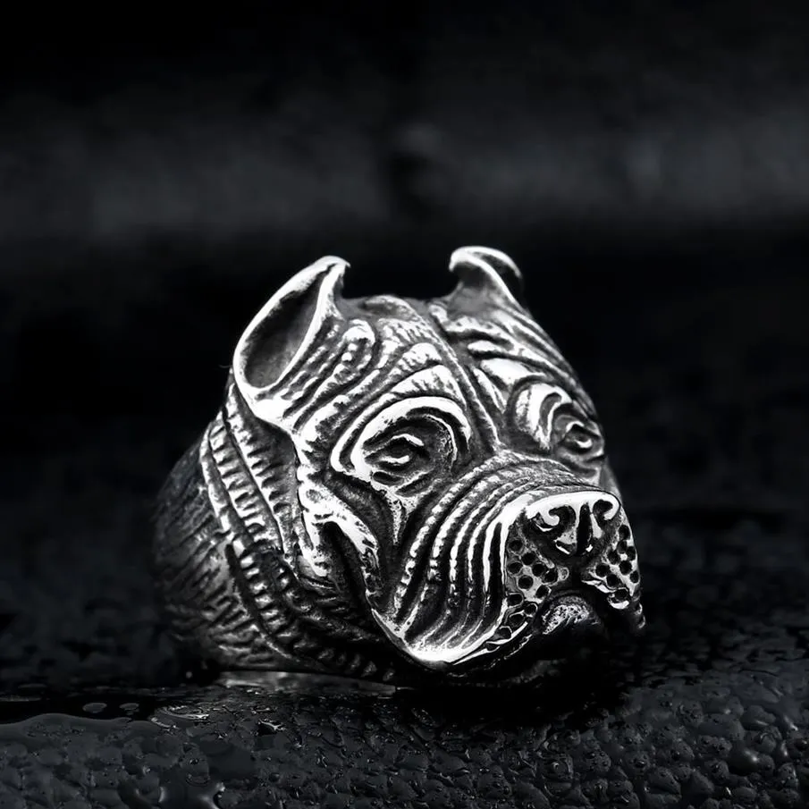 Men's Vintage Stainless Steel Ring Viking Pitbull Bulldog Gothic Pug Dog Head Totem Amulet Punk Animal Jewellery for Men Boys2866