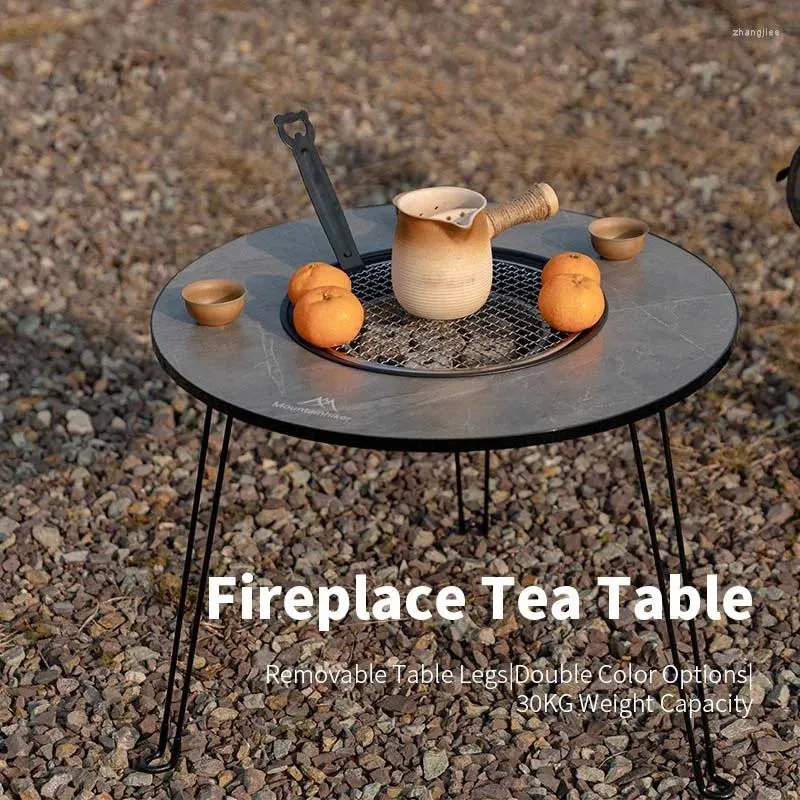 Móveis de acampamento ao ar livre acampamento multifuncional grelhador a carvão fogão a lenha redondo cozinhar mesa de chá conjunto de pote interno