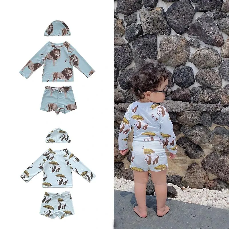 set 2022 new children's cartoon animal print swimsuit split longsleeved sunscreen swimming pool suit summer baby boy beach swimwear